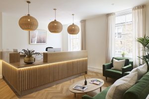 Reception desk and waiting area at Liv Physio in Clapham